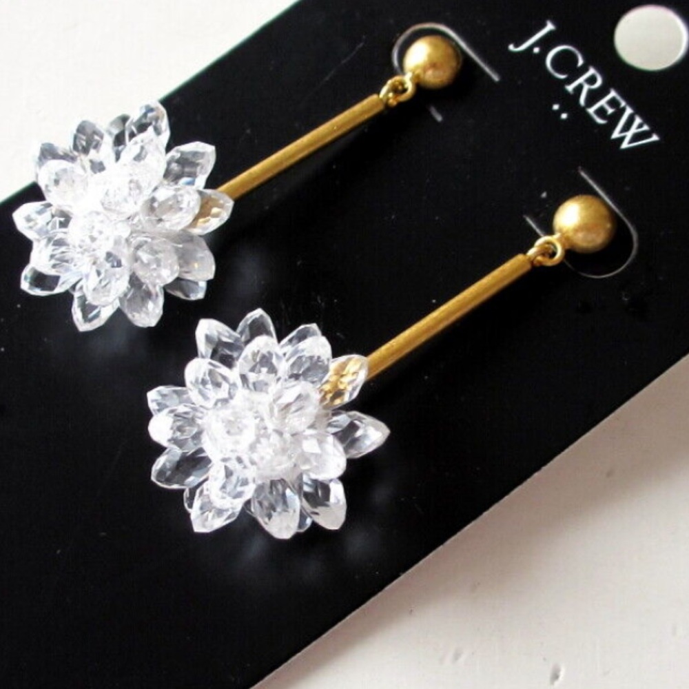 J Crew Vintage Snowdrop Statement Pierced Earrings EUC Clear Snowball beaded